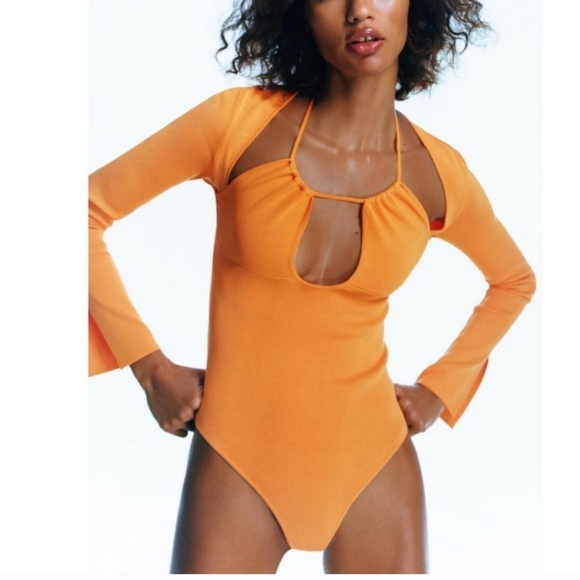 ZARA Trendy Orange Cutout Bodysuit - Picture 1 of 7